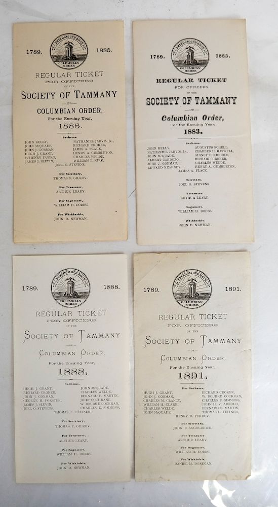 Appraisal: Society of Tammany Officers Tickets Four paper Regular tickets for