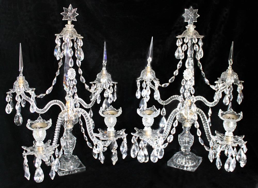 Appraisal: PAIR OF GEORGE III CUT GLASS TWO-LIGHT CANDELABRA each urn-form