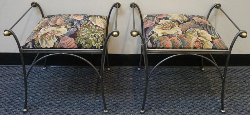 Appraisal: PAIR CHARLESTON FORGE BRASS AND STEEL FLORAL UPHOLSTERED BENCHESPair Charleston