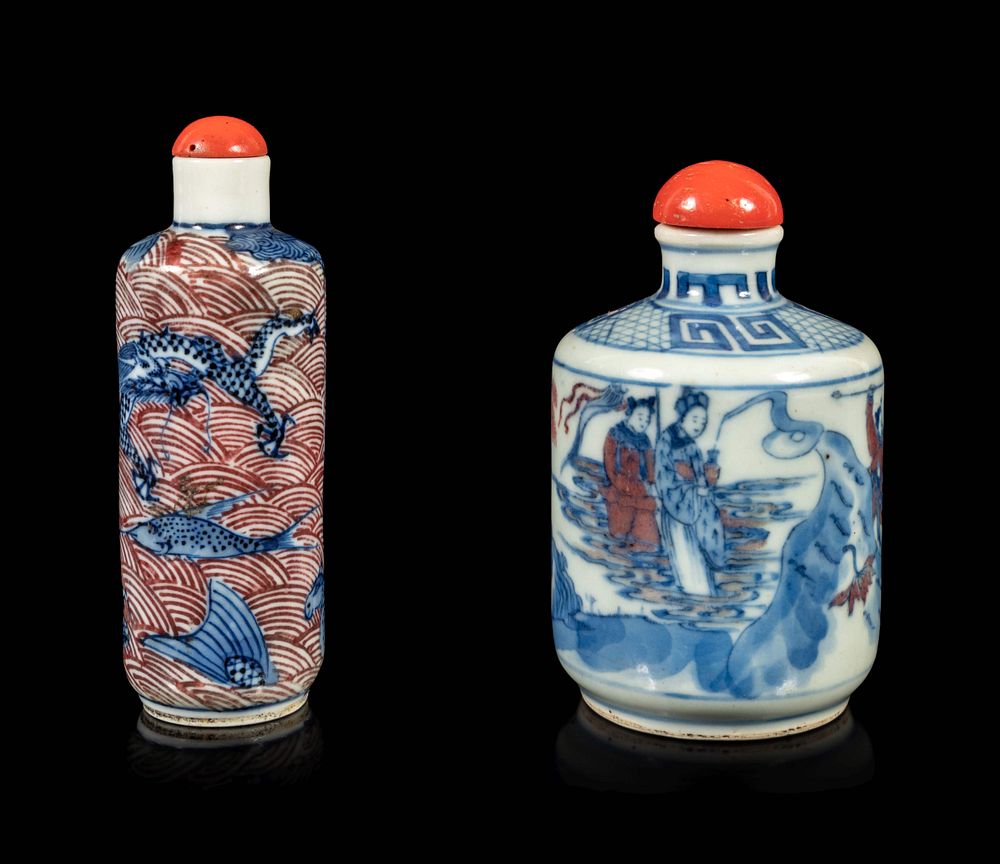 Appraisal: Two Copper Red and Underglaze Blue Porcelain Snuff Bottles Height