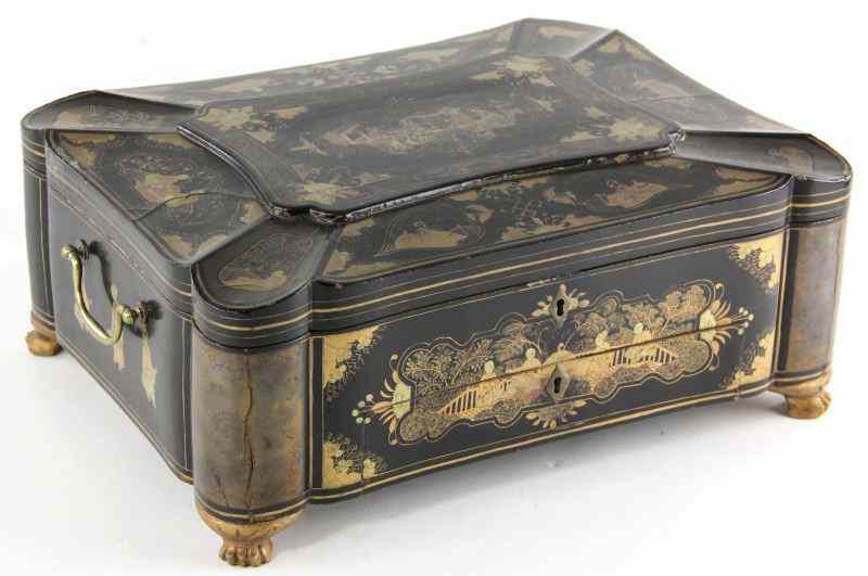 Appraisal: Chinoiserie Lacquered Sewing Chestrectangular form black lacquered with hand-painted gold