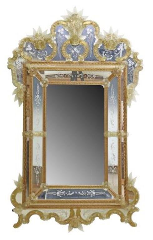 Appraisal: Venetian glass parclose mirror th c shaped crest ornamented in