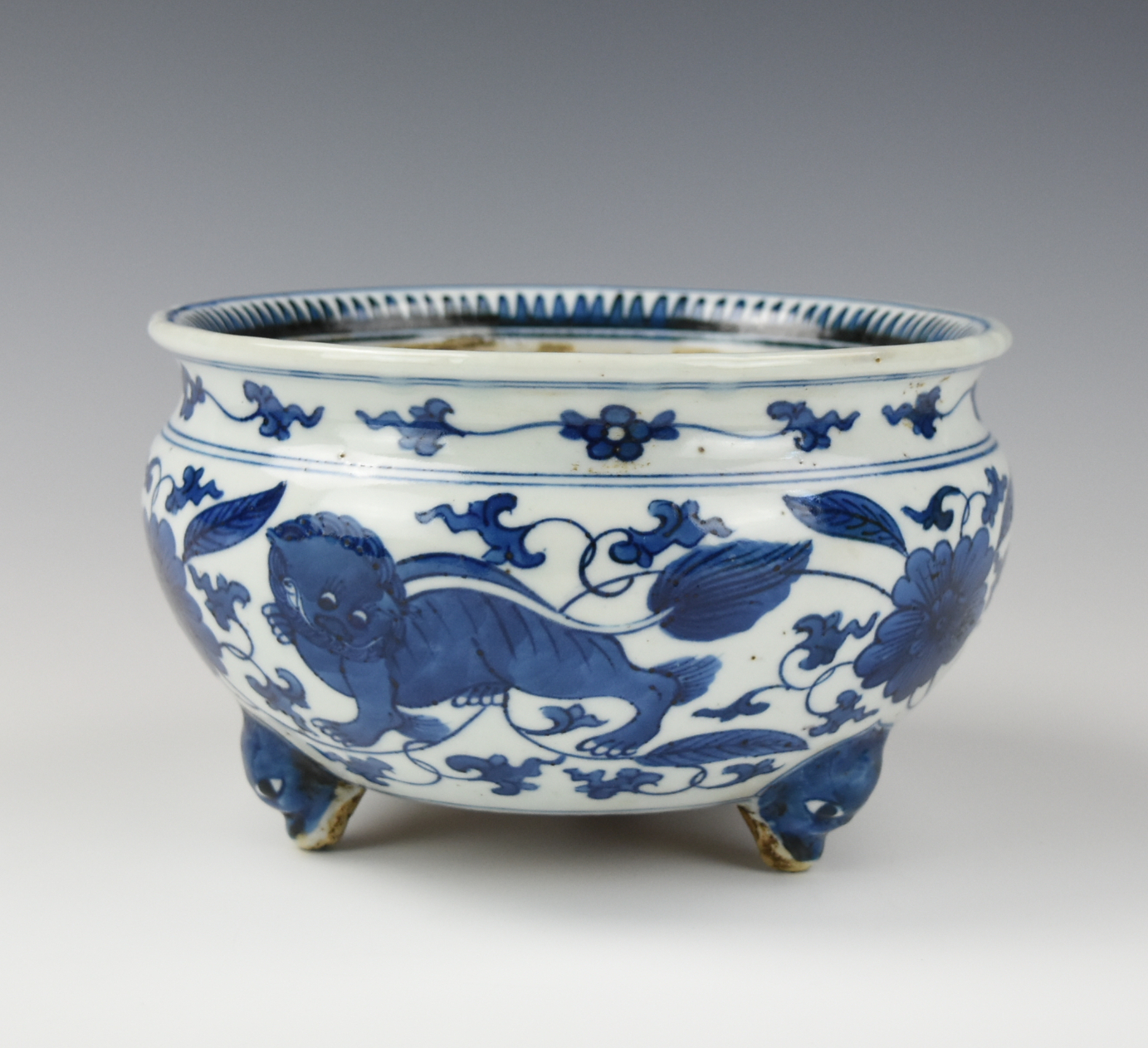 Appraisal: CHINESE BLUE WHITE CENSER W LION MING DYNASTY Chinese th