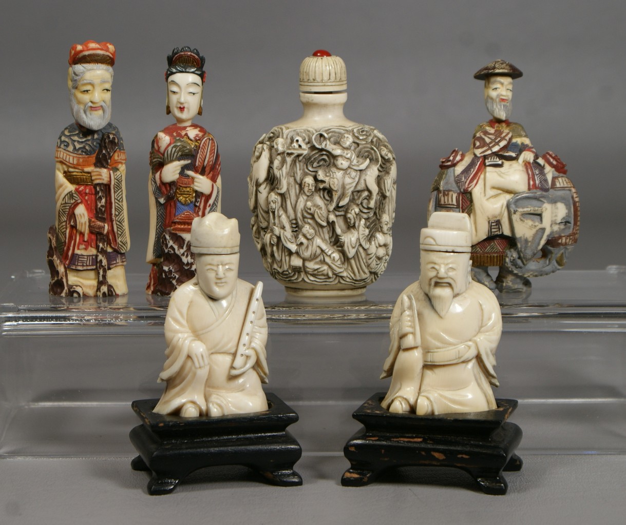 Appraisal: Bone or ivory figural snuff bottles tallest tip to tip