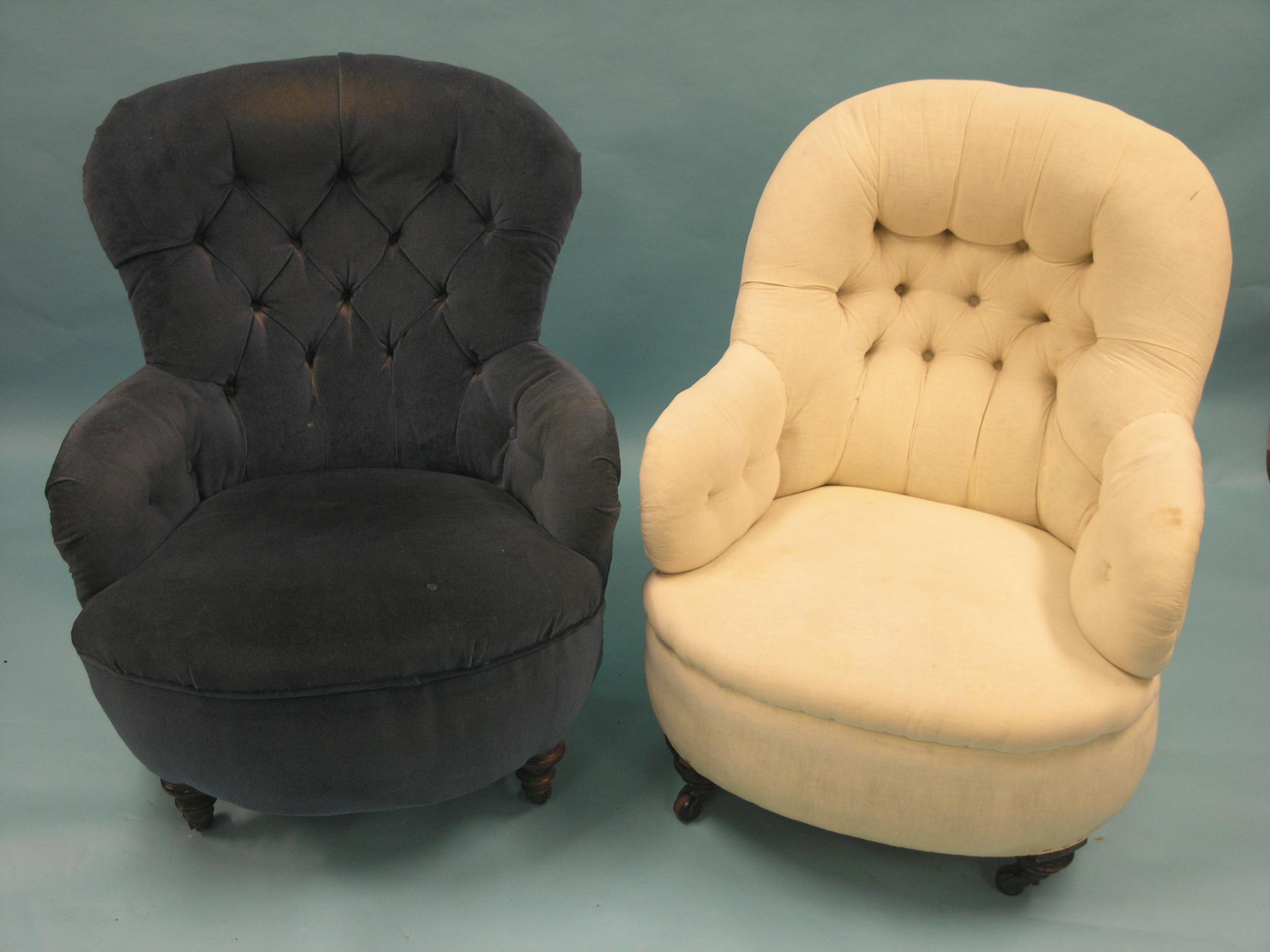 Appraisal: Two Victorian drawing room armchairs non-matching buttoned upholstery front turned