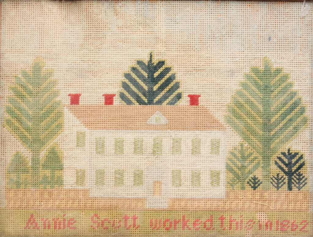 Appraisal: Probably American wool on punched paper House and trees with