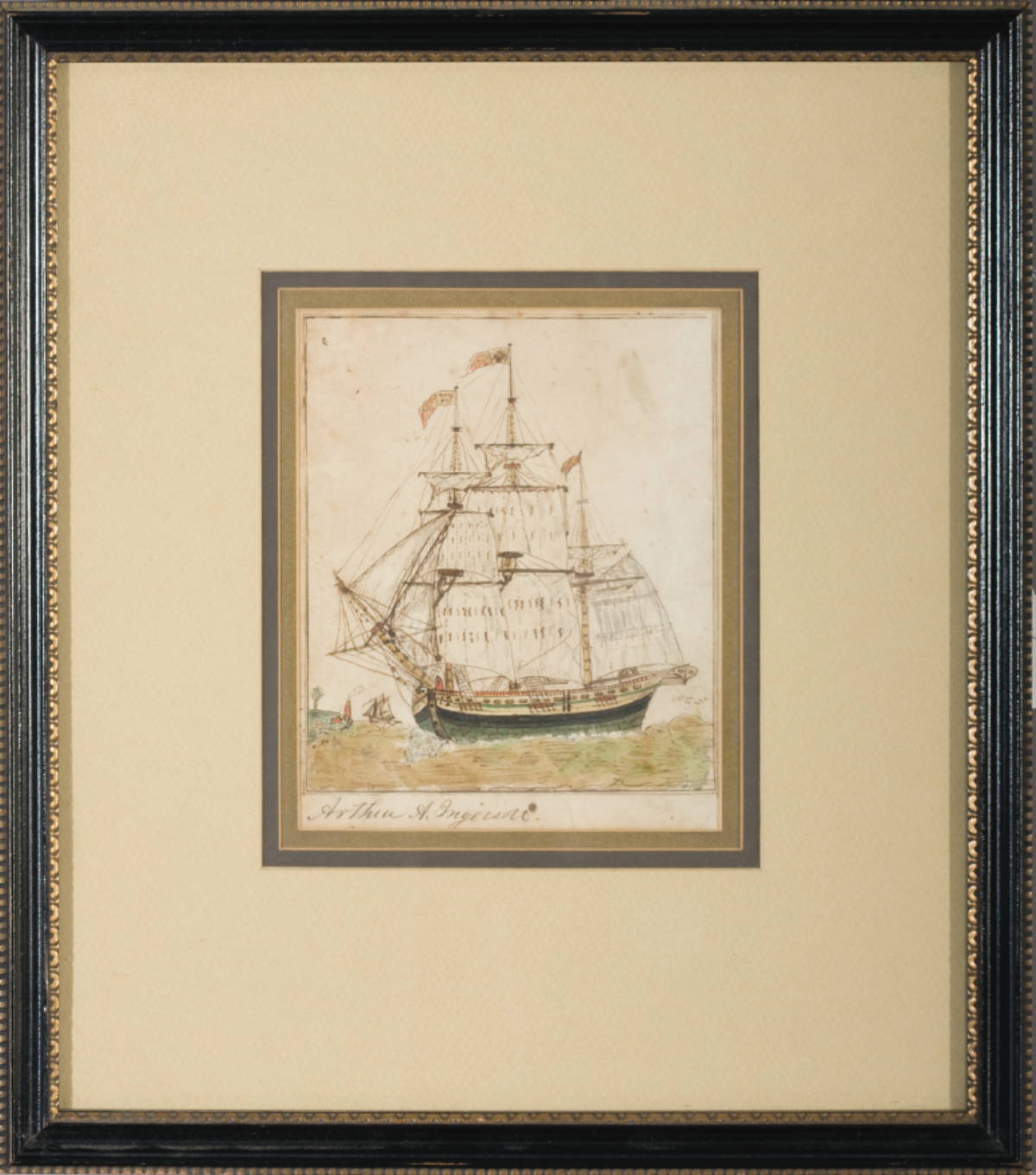 Appraisal: EARLY WATERCOLOR DRAWING OF AN AMERICAN SHIP OFF A COAST