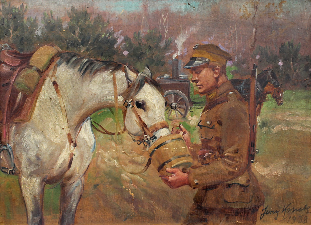 Appraisal: KOSSAK Jerzy Polish - Soldier Feeding Horse a Bucket of