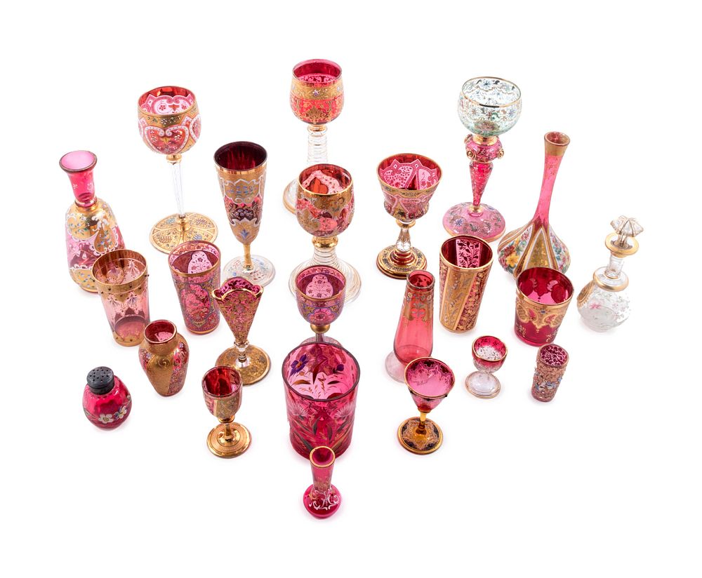 Appraisal: Twenty-Four Bohemian and Italian Enameled Ruby Glass Articles Twenty-Four Bohemian