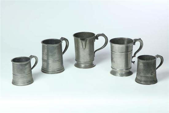 Appraisal: FIVE PIECES OF PEWTER England th century Two tankard forms