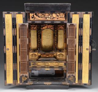 Appraisal: LACQUERED SHRINE LACQUERED SHRINE th century Japan The black lacquered