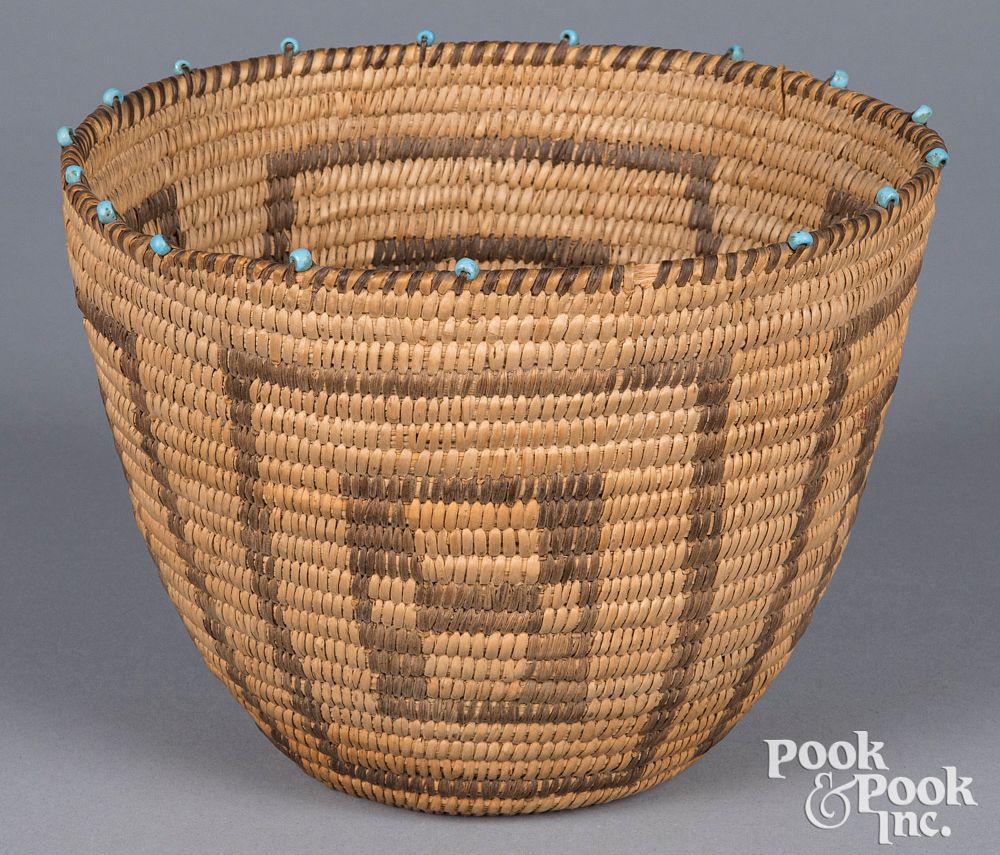 Appraisal: Papago Indian coiled basket beaded accents Papago Indian coiled basket