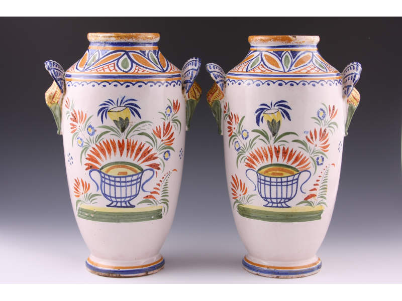 Appraisal: Pair of Quimper Faience Vases French s with blue orange