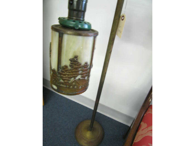 Appraisal: Antique Gooseneck Floor Lamp caramel slag glass shade overlaid landscape