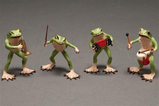 Appraisal: Austrian cold-painted bronze four-piece frog band comprising a conductor drummer