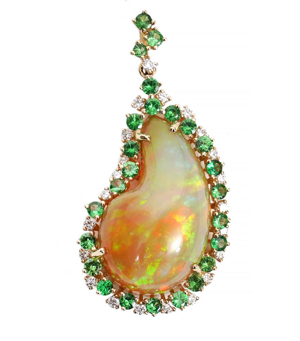 Appraisal: TREMONTI K YG OPAL DIAMOND GARNET PENDANTAustralian opal diamond tsavorite