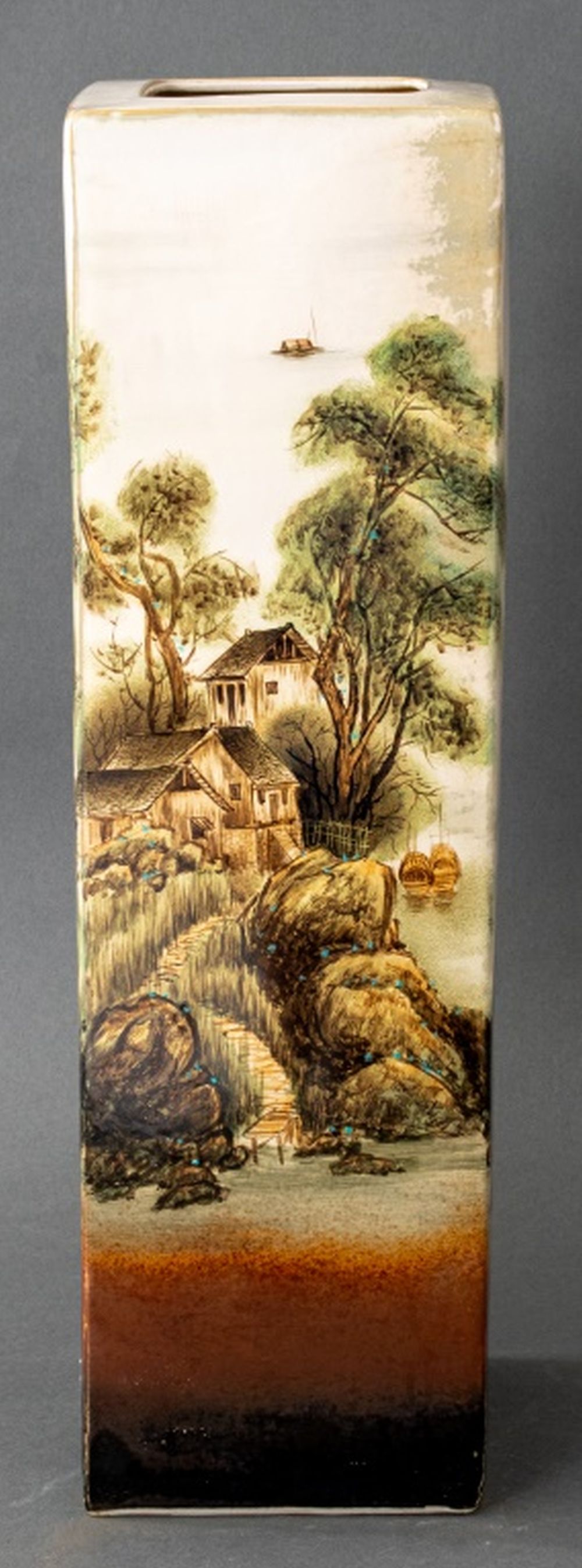 Appraisal: CONTEMPORARY CHINESE CONG FORM LANDSCAPE VASE Contemporary Chinese Cong form