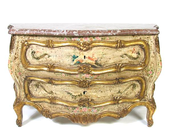 Appraisal: A Venetian paint decorated commode with marble top height in