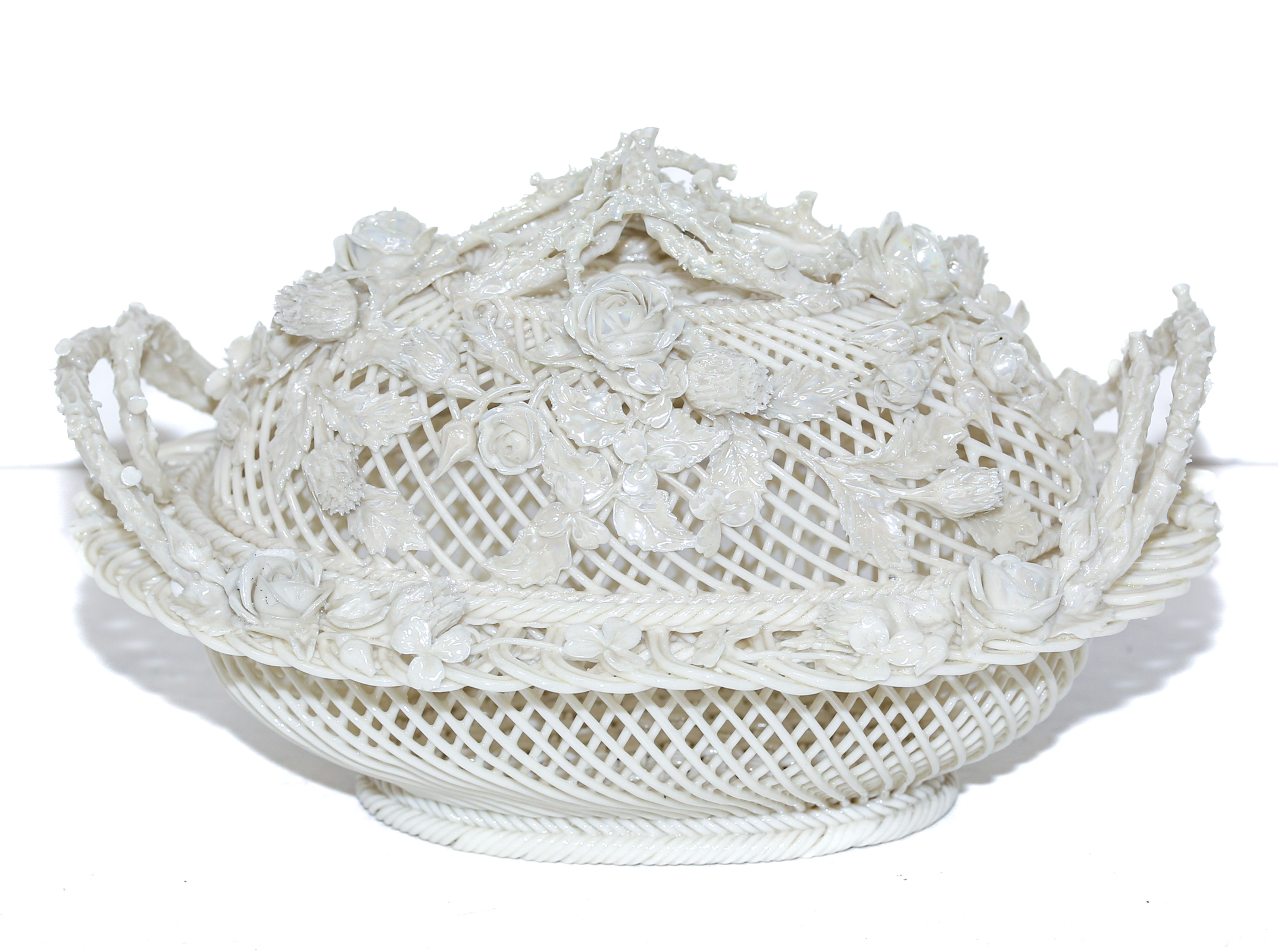 Appraisal: BELLEEK PORCELAIN RETICULATED COVERED BASKET Approximately in H in L