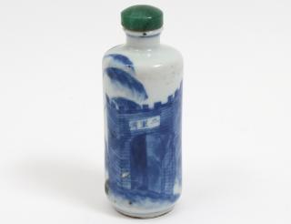 Appraisal: BLUE AND WHITE PORCELAIN SNUFF BOTTLE Chinese Signed Of cylindrical