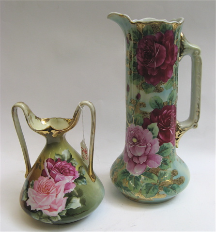 Appraisal: TWO PORCELAIN VASES with hand painted rose decorations and gold