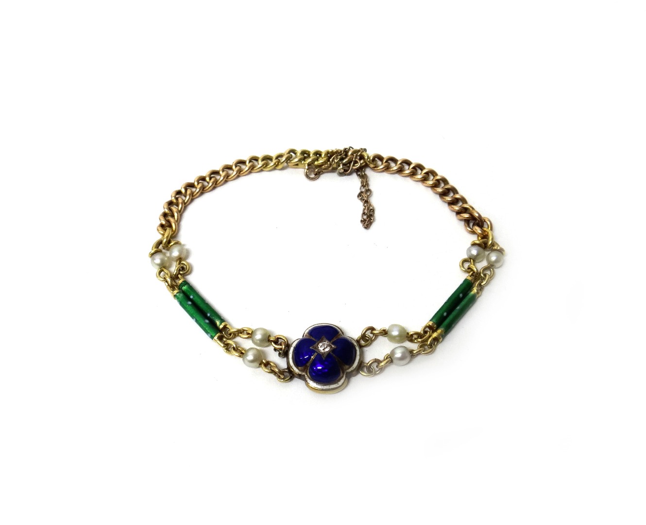 Appraisal: A gold enamelled cultured pearl and diamond set bracelet the