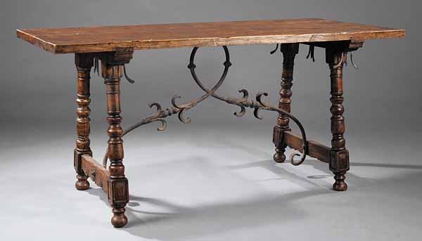 Appraisal: An Antique Spanish Walnut and Wrought Iron Trestle Table the