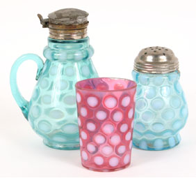 Appraisal: Three piece lot including blue opalescent coin dot sugar shaker