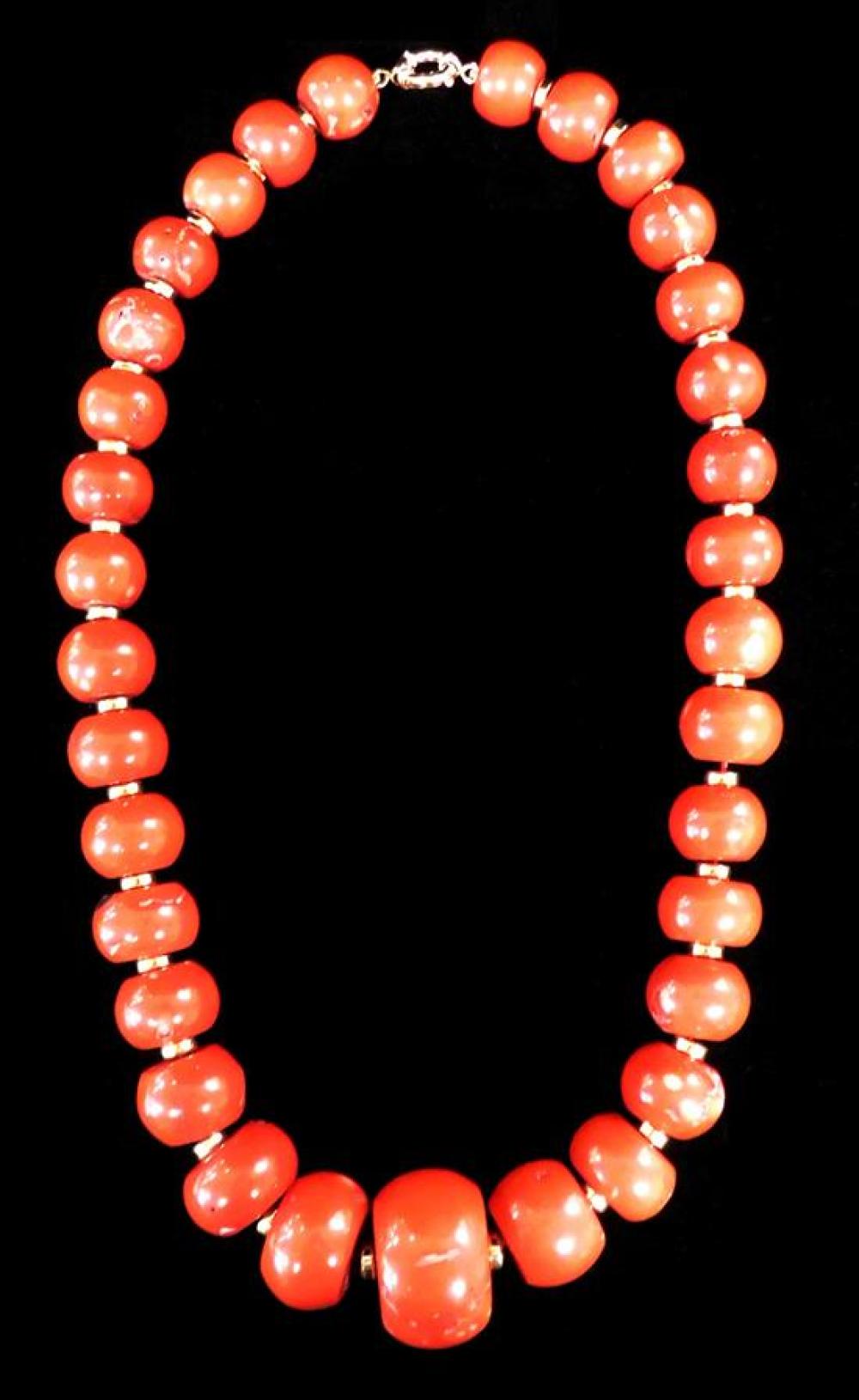 Appraisal: JEWELRY Red coral and K beaded necklace tested K clasps