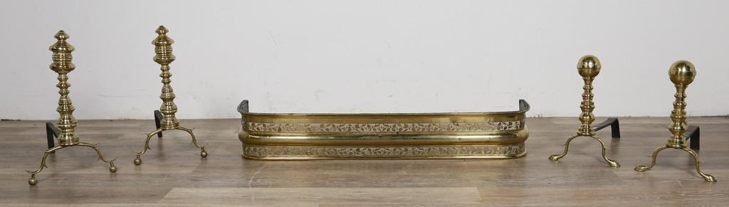 Appraisal: pairs French brass andirons and fire fender Small dents and