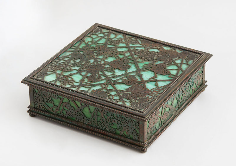 Appraisal: TIFFANY STUDIOS BRONZE-MOUNTED FAVRILLE GLASS SQUARE BOX IN THE WOODBINE