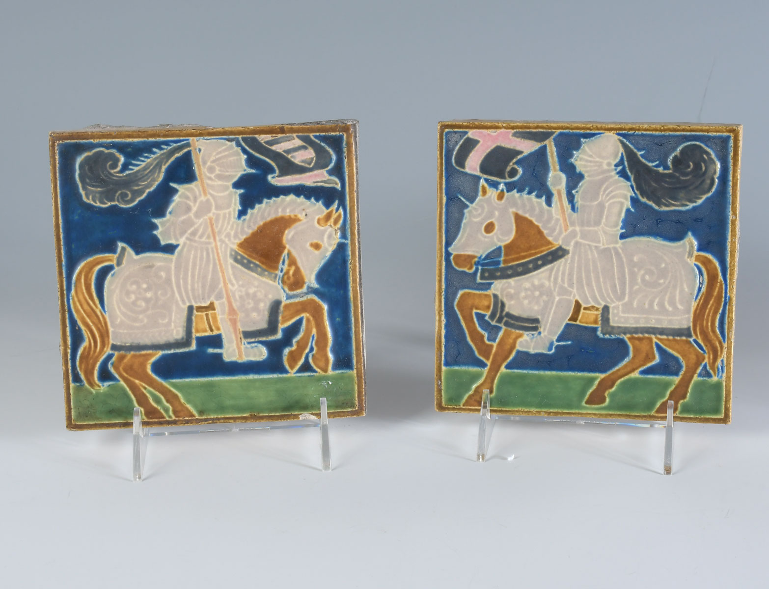 Appraisal: PC ALHAMBRA KNIGHTS ON HORSEBACK MOTIF TILES Pair Alhambra Tile