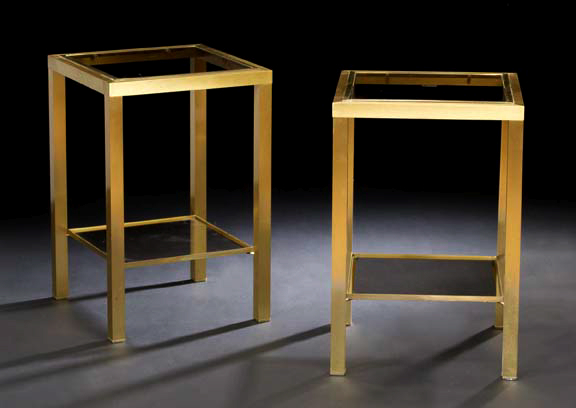 Appraisal: Pair of Brushed Gilt-Metal and Glass End Tables each with