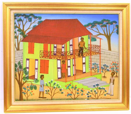 Appraisal: Micius Stephane acrylic on canvas Visitors two story lime green