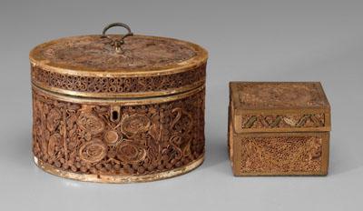 Appraisal: Two quillwork boxes oval with gesso and gilt borders interior