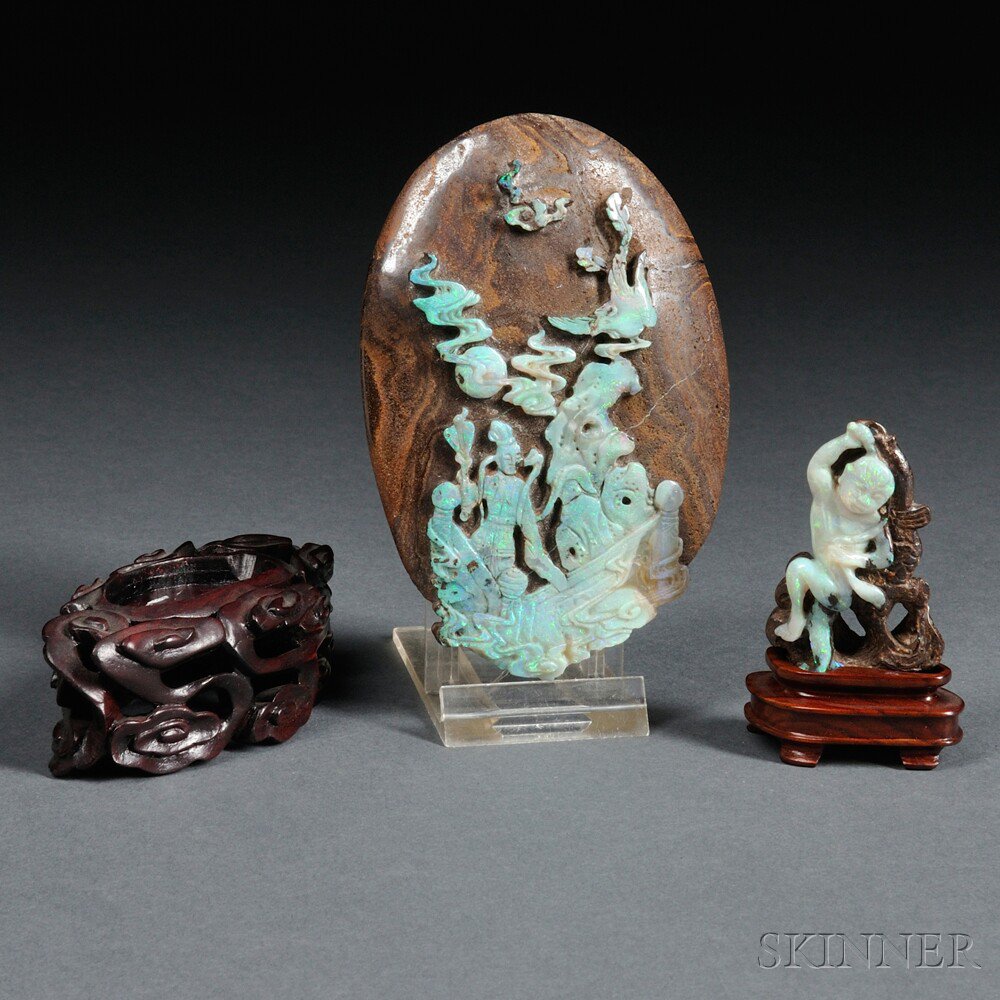 Appraisal: Two Double-color Hardstone Carvings and Stands China th century a