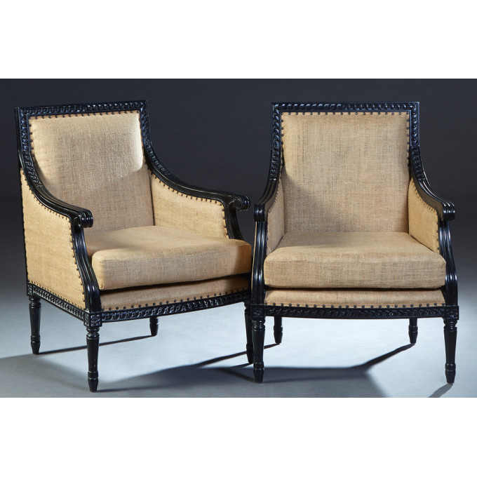 Appraisal: Pair of Louis XVI Style Ebonized Beech Bergeres th c