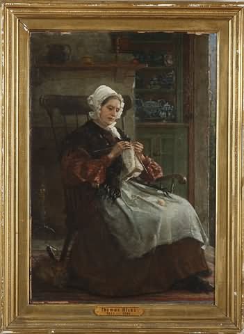 Appraisal: Interior genre scene with woman knitting cat by feet oil