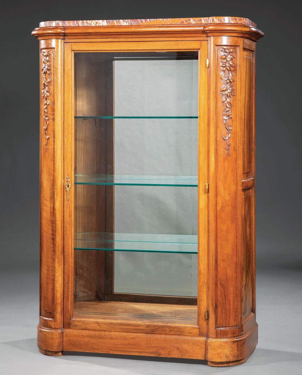 Appraisal: Belle Epoque Carved Walnut Vitrine c marble top floral-carved stiles