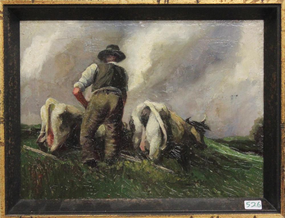 Appraisal: PASTORAL OIL ON CANVAS farmer in the fields with diary