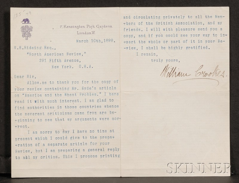 Appraisal: Crookes Sir William - Signed letter March one page to