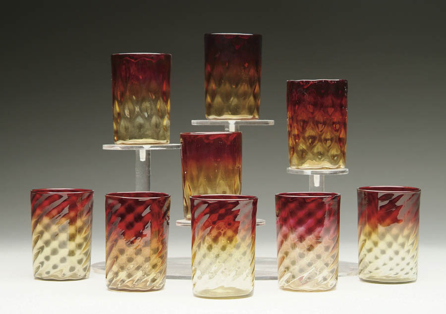 Appraisal: NINE AMBERINA TUMBLERS Four diamond-quilted tumblers and five swirl pattern