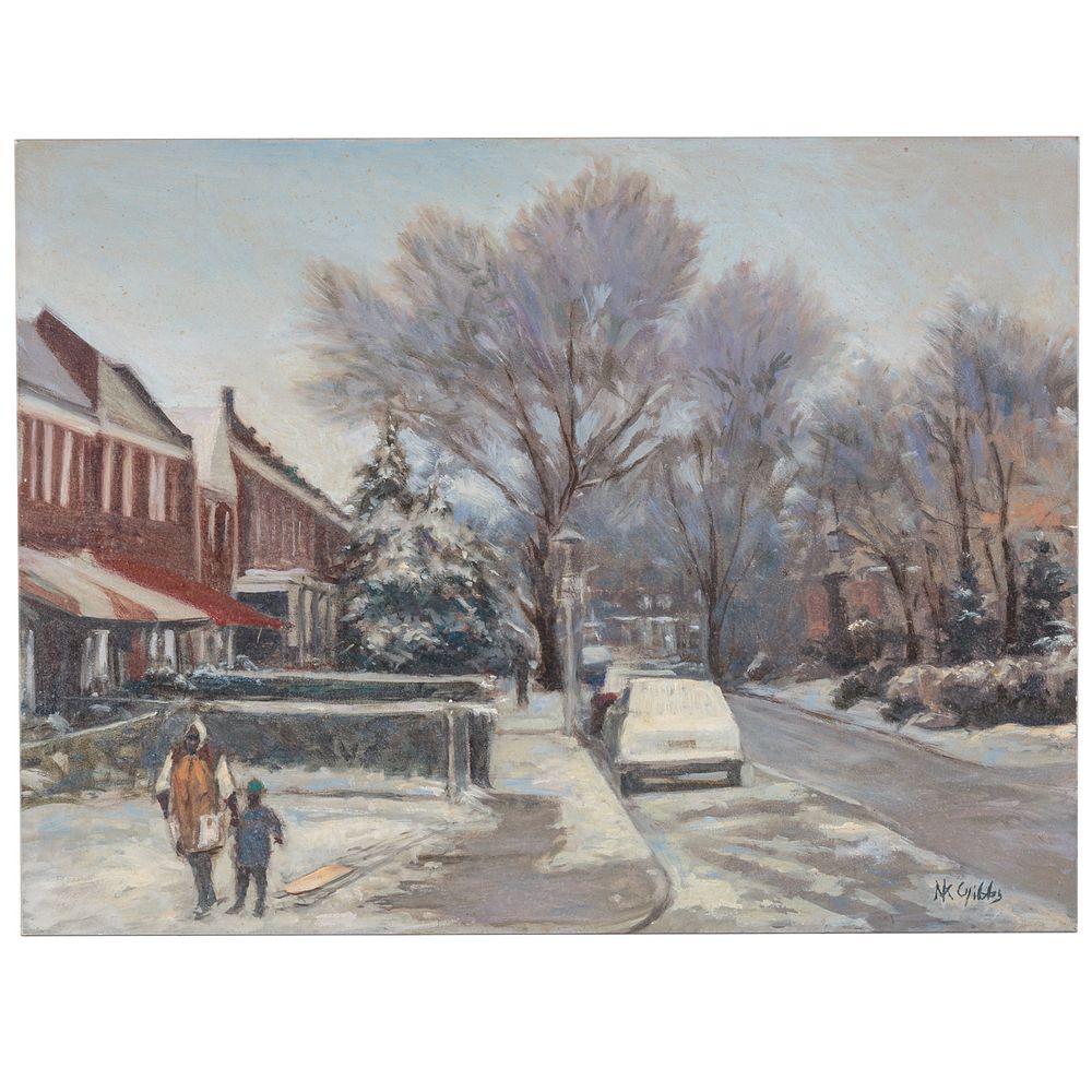 Appraisal: Nathaniel K Gibbs Row House Sled Ride oil American -