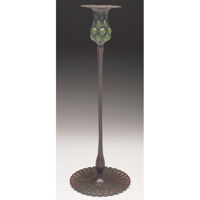 Appraisal: Fine Tiffany Studios candlestick bronze with blown green favrile glass