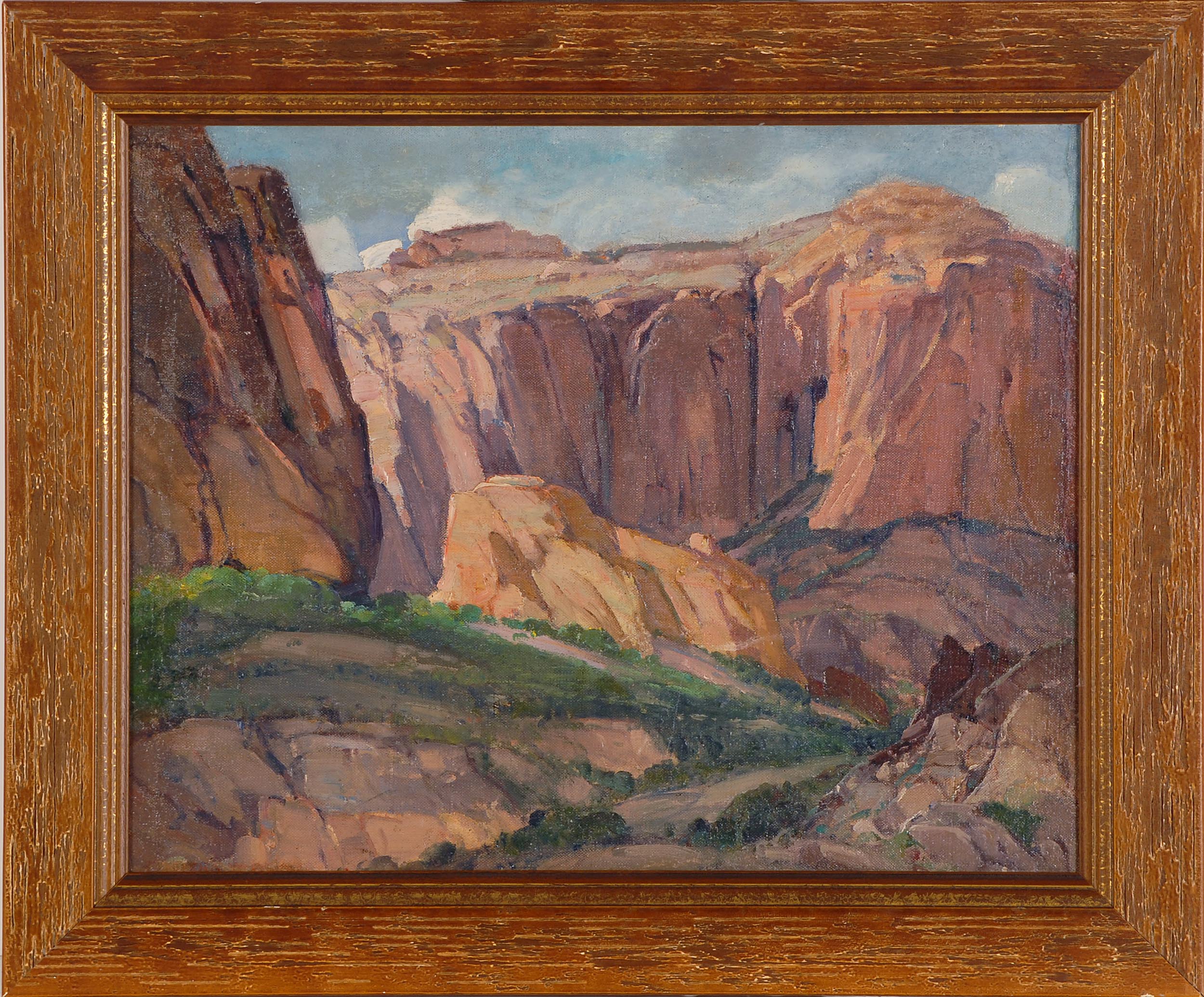 Appraisal: FRAMED PAINTING ARTIST UNKNOWN Southwest desert scene Signed illegibly lower