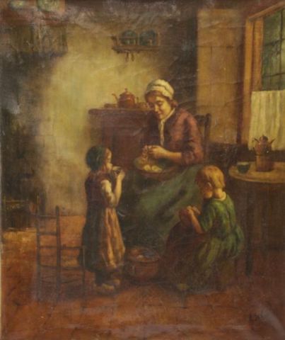 Appraisal: Signed th C Oil on Canvas of Women withChildren Peeling