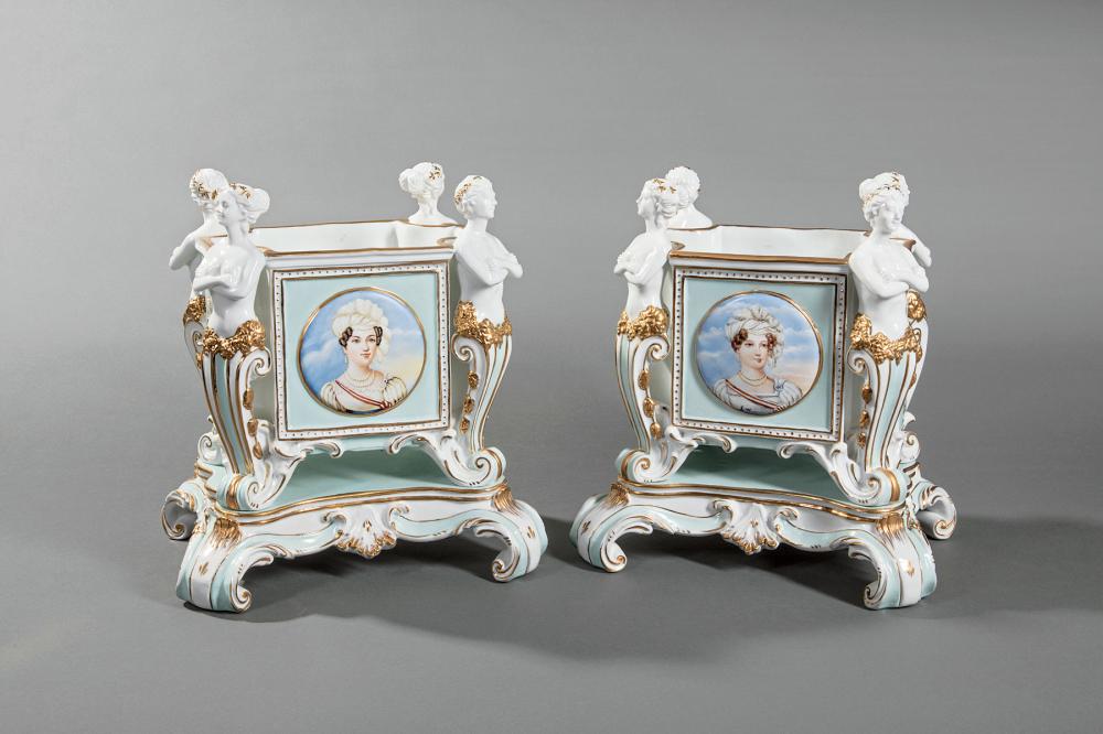 Appraisal: Pair of Continental Polychrome and Gilt Porcelain Jardinieres th c