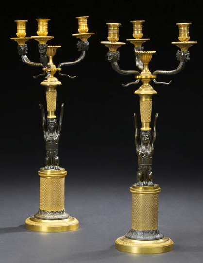 Appraisal: Pair of French Antique-Gilded and Bronze-Patinated Brass Three-Light Candelabra first