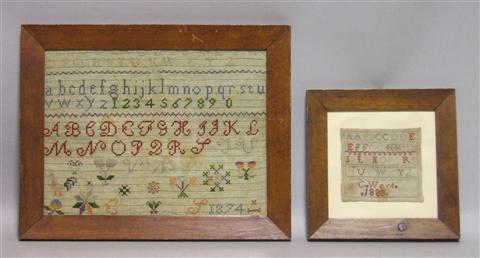 Appraisal: THREE NEEDLEWORK ALPHABET SAMPLERS the first with C Ward x