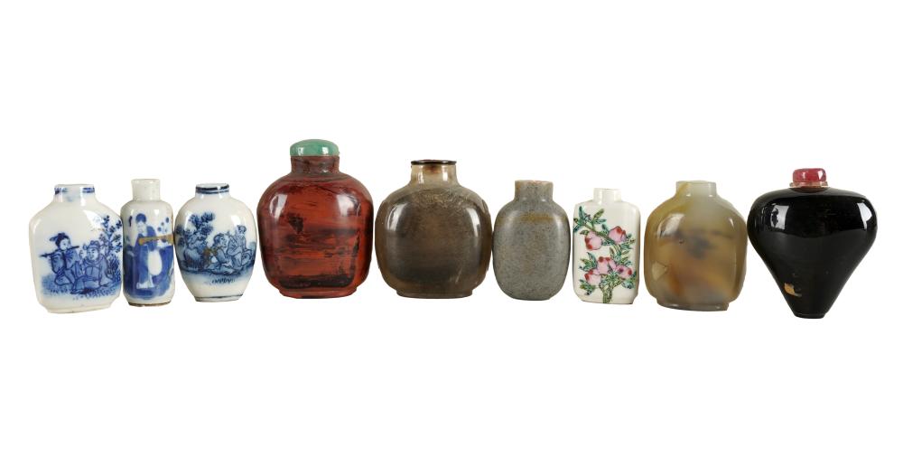 Appraisal: NINE ASSORTED SNUFF BOTTLEScomprising four porcelain and five glass Condition